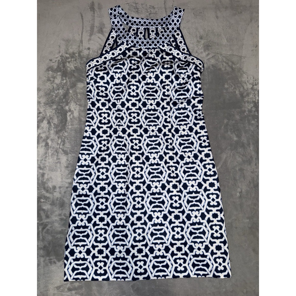 Gretchen Scott Shift Dress Womens Medium Navy Blue White Geometric Cutout Halter